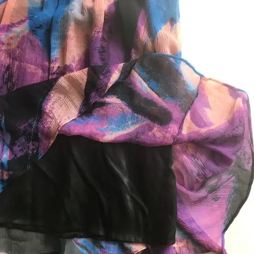 JAX multicolor watercolor silk chiffon dress with pleated bodice and flowy skirt Blue Size 6