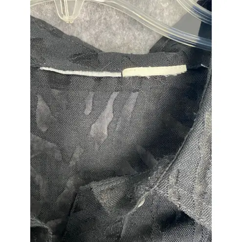 Black Sheer Patterned Button Down Blouse 3/4 Sleeve Floral Overlay Shirt Size L