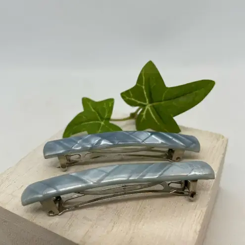 Vintage 1950s Lucite Plaid Hair Barrette Set Baby Blue