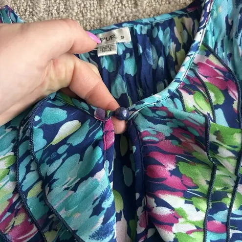 JAIPUR Blouse Womens Small Top Floral Spotted Ruffle Multicolor Y2K 90s Vintage Blue