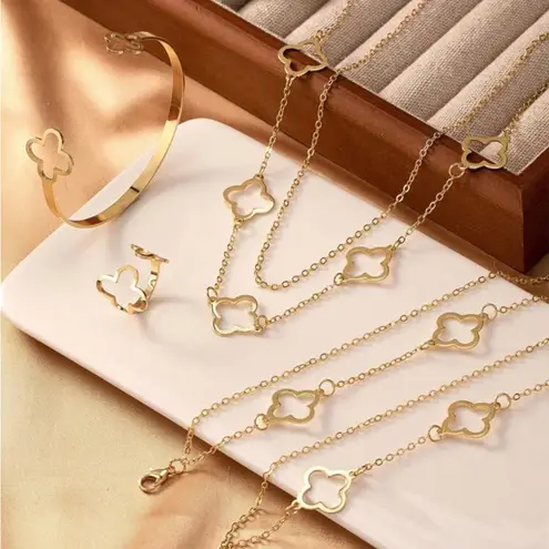 5pc Set Elegant Lucky Clover Necklace,Bracelet, Bangle, Ring, Anklet Jewelry Gold