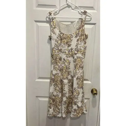 Loft  Ann Taylor 6 Linen Blend‎ Floral A-Line Sun Dress Yellow Brown Sleeveles