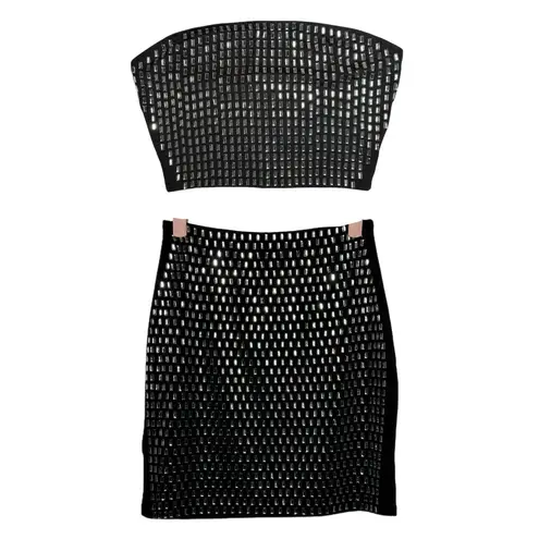 NWOT Sequin Rhinestone Tube Top and Mini Skirt Two Piece Set Black Silver Med