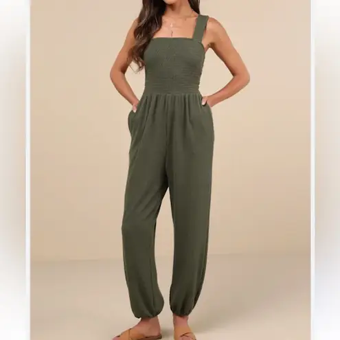 Lulus Social Calendar Olive Green Crinkled Ribbed Knit Jogger Jumpsuit Size XS
