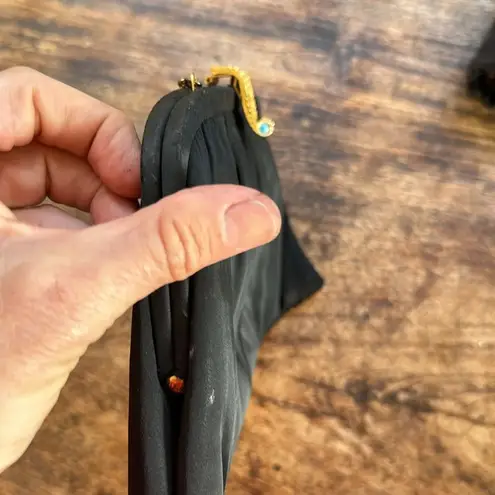 After Five Vintage Black Satin Cocktail Clutch Purse gold w/ turquoise hardware