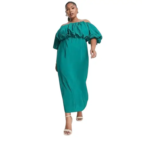 ASOS NWT Design Curve Emerald Green MIDI Dress Off Shoulder Puff Sleeve 18 Green