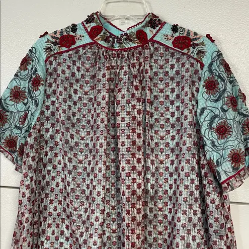 BHANUNI BY JYOTI ANTHROPOLOGIE CHATEAU EMBROIDERED BEADED DRESS BLUE RED LARGE