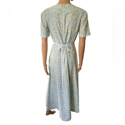 Handmade Vintage 70s Blue White Cottagecore Prairie Preppy Floral Midi Dress Size M