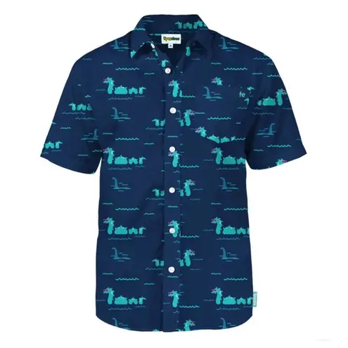 Tipsy Elves Loch Ness Monster Button Down Shirt Men’s Medium – Navy Novelty Shor