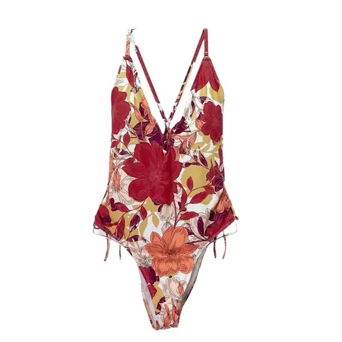Mynah Floral One Piece Swimsuit Size XXL Plunge V Neck Tie Back Rust Pink Yellow Red - Image 3
