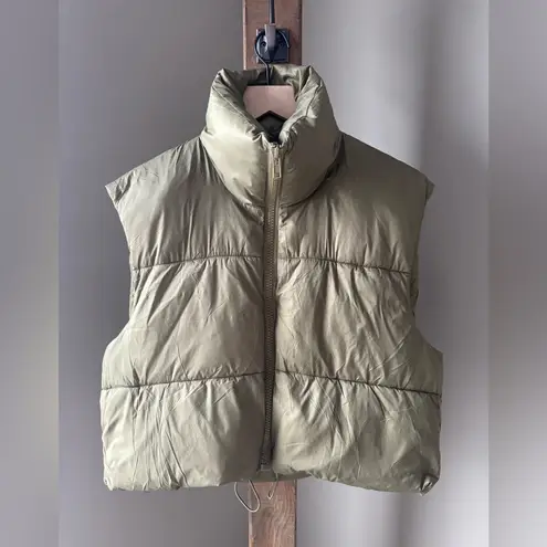 Women's Cropped Army Green Zip Up Puffer Vest Stand Collar Drawstring Hem XL EUC