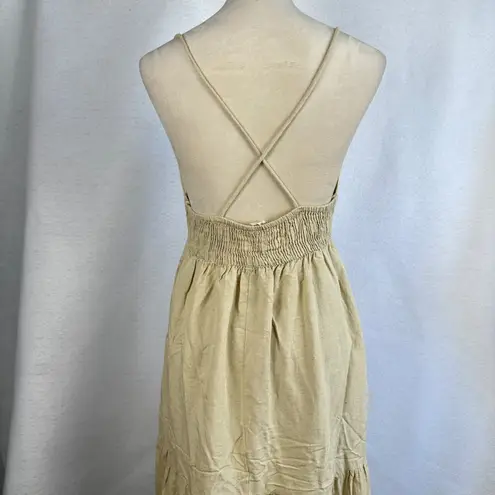 Sim & Sam Tan Linen Blend Tiered Maxi Sundress Tie Front Spaghetti Straps Small