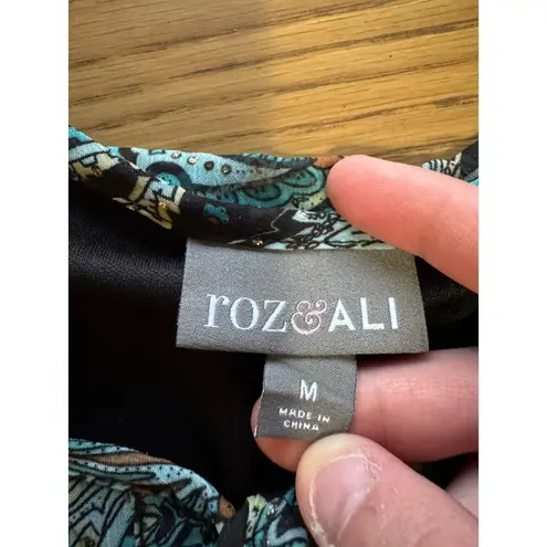 Roz & Ali  Paisley Blouse Women Size Medium Teal Black Lined Top Long Sleeve City