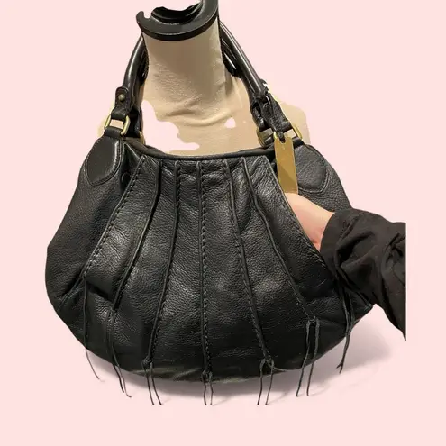 Botkier 90s-Y2K Botiker NY oversized black pebbled leather half moon tassel hobo bag big