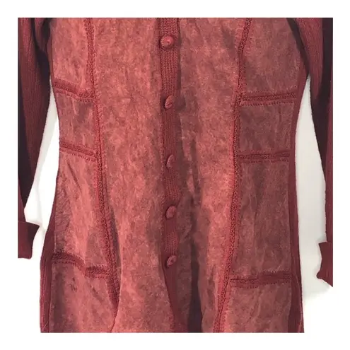 J. Jill Rustic Red Wool & Suede Patchwork Long Cardigan Medium Tall