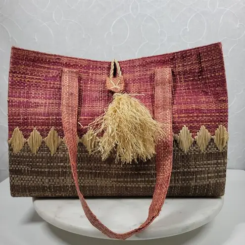 Crossing Pointe Raffia Beach Bag 14" Pink Brown Colorblock Tan Straw Diamond