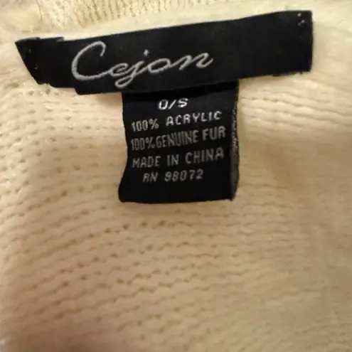 Cejon Ivory Knit Shawl Wrap Poncho Fringe Genuine Fur Trim O/S