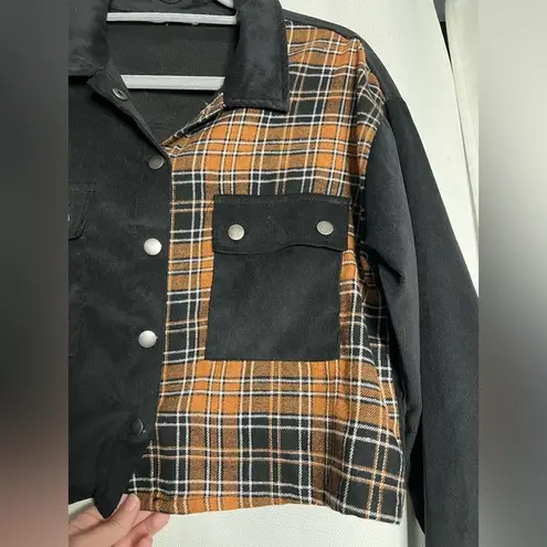 Ultra Flirt Black and Brown Plaid Color-block Corduroy Cropped Jacket Medium