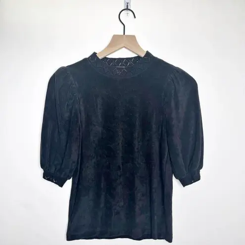 Goldie Lewinter Micro Terry Pointelle Puff Sleeve Velour Top Black Size XS