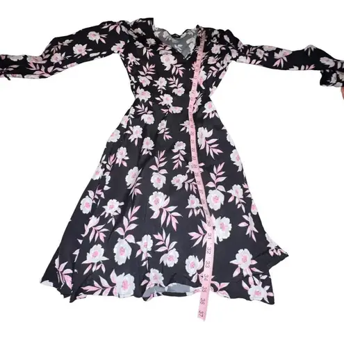 Yumi Kim  Tucked Away Duchess Wrap Dress Black Pink Floral‎ Women XS Long Sleeves