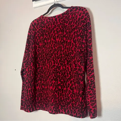 Leopard Print Sweater Red Crewneck Lambswool Angora Rabbit Hair Size Large Flaw