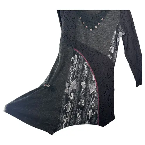 Adore Art to Wear Lagenlook Patchwork Lace Tunic Mini Dress Size XL Gray