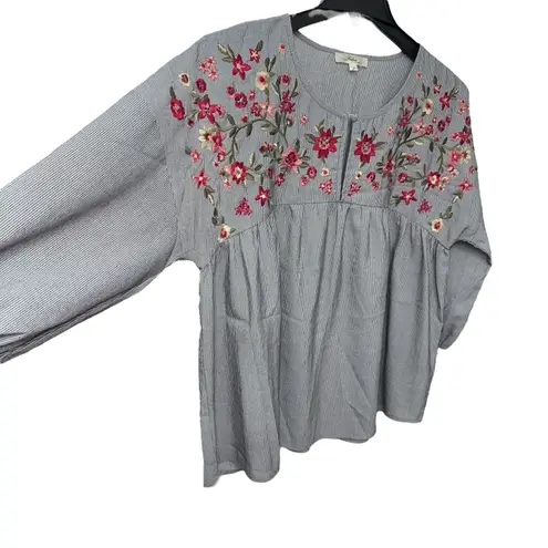 Andree by Unit Womans Peasant Top Size Large Grey White Floral Embroidered Boho