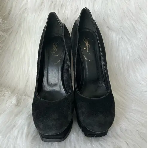 YSL  Yves Saint Laurent Tribute Black Suede Purple Platform Pumps Size 38 7.5