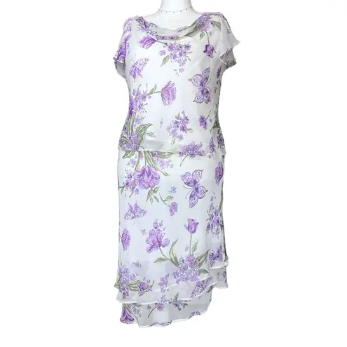 Vintage 90s Y2K White Purple Floral Butterfly Fairycore Top Large Easter Pastel