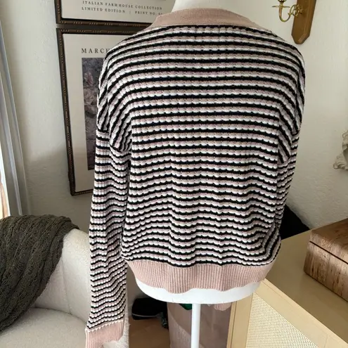 MONROW Merino Wool Blend Cardigan Striped Button Front Size Small Black