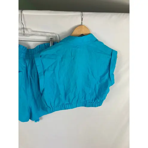7 For All Mankind  Linen Blend Blue Shorts and Button Up Crop top Set XS