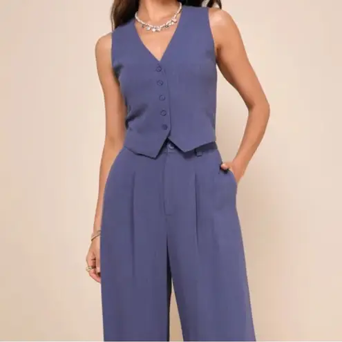 Lulus  Suits You Perfectly Dark Blue Linen Blend Vest Career Prep Boss Babe