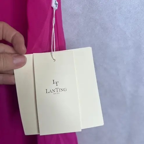 LT Lan Ting NWT Hot Pink Pearl Collar Aline Chiffon Overlay Midi Dress Sz SM