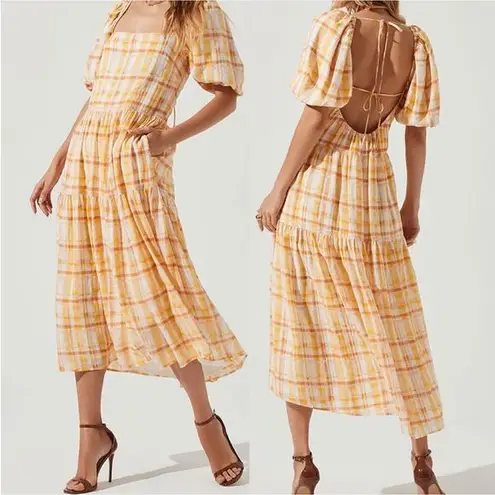 NEW ASTR the Label Yellow Plaid Seersucker Midi Dress sz Medium Tiered Picnic