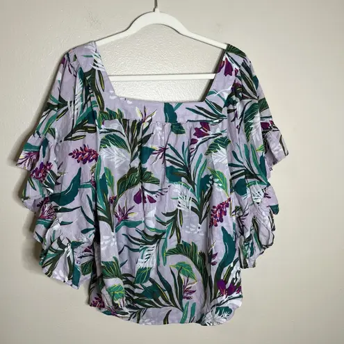 Terra & Sky Womwns Blouse Boho Tropical Square Neck Ruffle 1X Maximalist Peasant Boho Resort