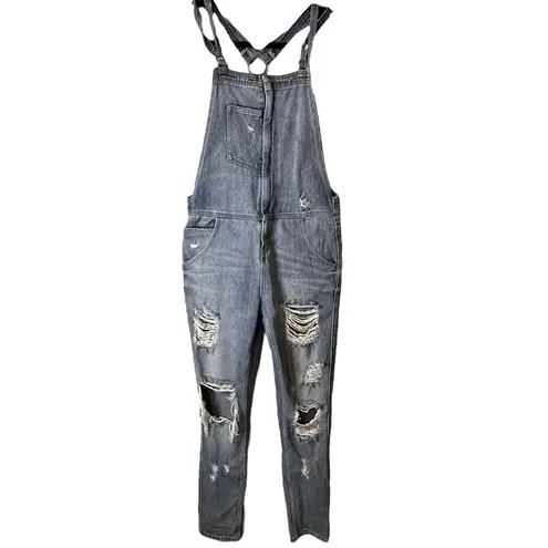 Bullhead Denim Co Bib Overalls Denim Distressed Size Small 100% Cotton Blue