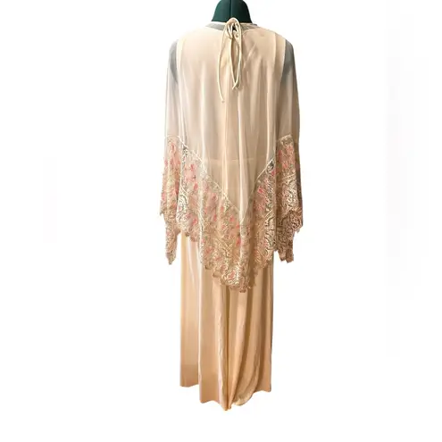 Handmade 70s VTG Off White Empire Waist Maxi Dress With Sheer Crocheted Cape Overlay S/M