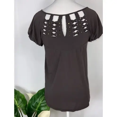 BCBGMAXAZRIA  Brownish Gray Short Sleeve Top Bejeweled Cutouts XS