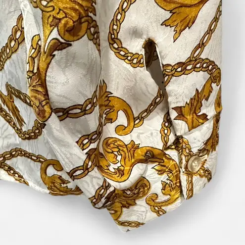 Vintage Satin Equestrian Chain Print Blouse Heritage Preppy Baroque Top Large Gold