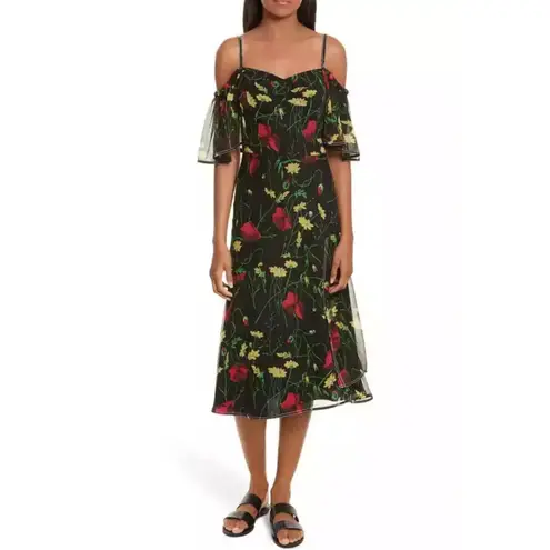 GREY by Jason Wu Black Floral Chiffon Silk Off Shoulder Midi Dress Size 6