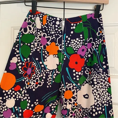 Vtg 60s 70s Kahala Abstract Floral Print Straight Wide Crop Pants Sz XS Blue