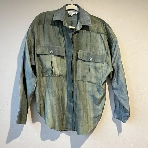 Vintage Silk Button Up Shirt Blouse Small Tie Dye Indie Classic Army Green Cute