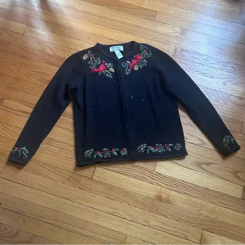 Tiara International VTG Christmas Collection Beaded Cardinals Zip Up Cardigan: L