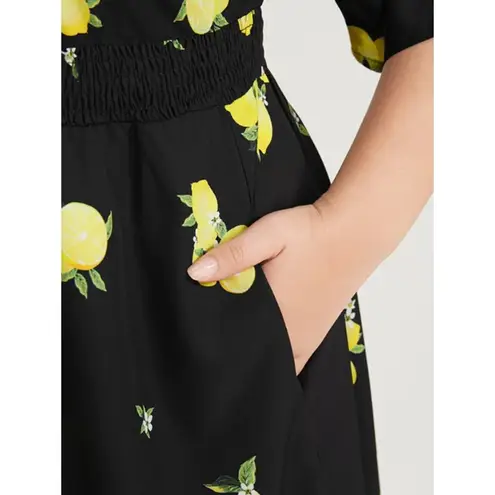 Bloomchic  Lemon Print Pocket Shirred Neck Flutter Dress Black  Size 12 NWT