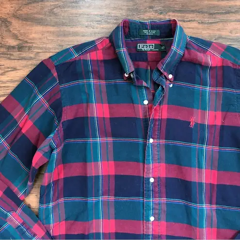 Polo vintage • 90s plaid buttondown shirt  Ralph Lauren green red navy holiday