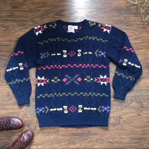 vintage • handknit sweater pullover chunky oversized navy blue 1990s cable knit Size L