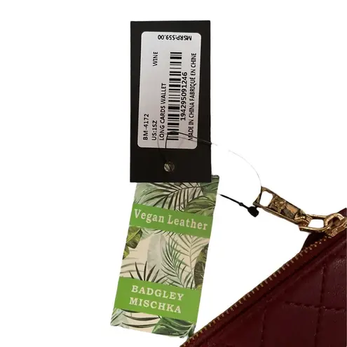 Badgley Mischka Quilted Vegan Leather Stylish Elegant Wine Long Cards Wallet NWT