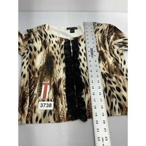 August Silk Womans Medium Animal Print Long Sleeve Clip Front Ruffles Cardigan