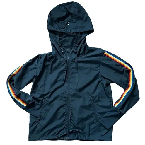 Zyia Active Rainbow Sleeve Bomber Jacket w/ Thumbholes Blue Size Medium