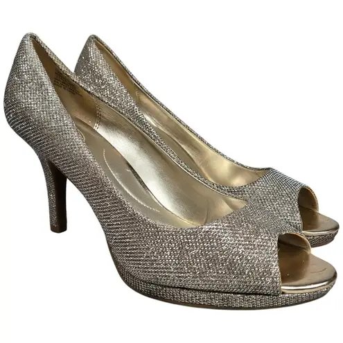 Bandolino Gold Metallic Glitter Peep Toe Platform High Heel Dress Shoes 10M